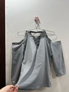 Grey Cold Shoulder Lace-Up Top