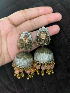 Elegant Jhumka Earrings with Peach Beads