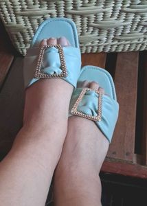 Blue Embellished Slide Sandals