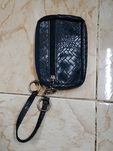 Blue Woven Zipper Pouch with Keychain