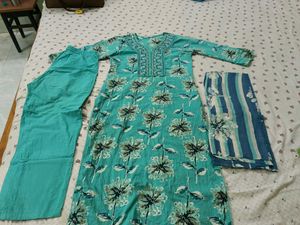 Beautiful Teal Floral Kurta Set with Dupatta