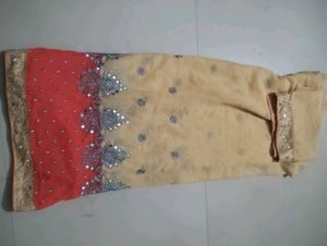 Beautiful Coral Pink &amp; Cream Georgette Saree with