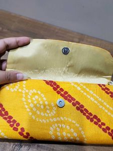 Yellow Bandhani Clutch with Beaded Handle