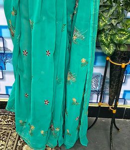 Elegant Teal Embroidered Saree Sea green