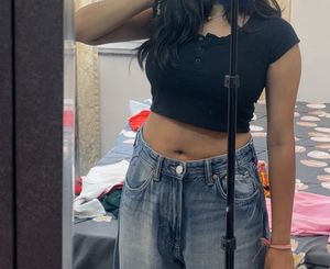 Ribbed Black Cropped Henley Top