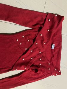 🌹 Red Pearl Off-Shoulder Ribbed Knit Top