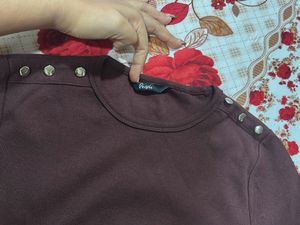 people Brown Ribbed T-shirt with Button Detail