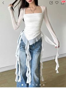 Chic White Mesh Overlay Ruched Top