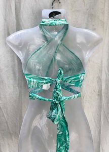 Green Leaf Print Halter Bikini Top