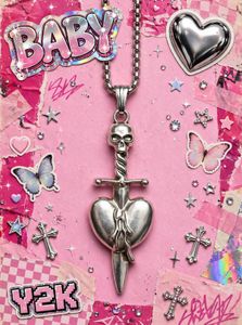 ⚔️ Y2K SWORD THROUGH HEART SILVER PENDANT NECKLACE
