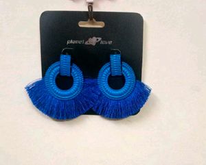 Vibrant Blue Tassel Hoop Earrings