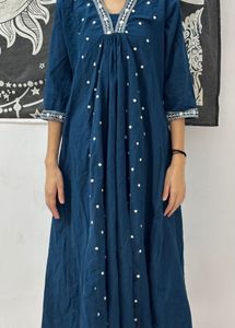 (Size-S to M)Boho Blue Kurta with White Polka Dots