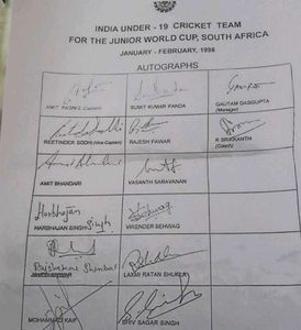 India U-19 Cricket Team Autograph Sheet