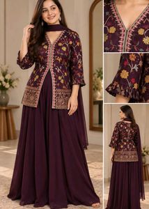 Padded Wine Rich brocade Jacket Style skirt set