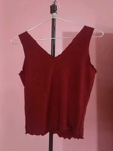 Maroon Textured V-Neck Tank Top