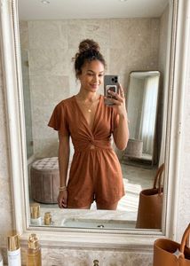 brown solid twist detail playsuit