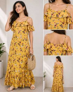 Yellow Floral Cold Shoulder Maxi Dress