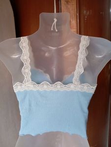 Blue Lace Trim Cropped Cami Tank Top