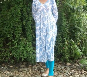 White Kurta with Blue Paisley Print