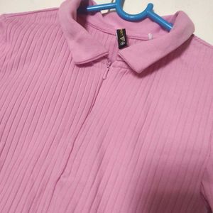 Pink Ribbed Cropped Polo Shirt