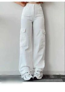 White Six Pocket Cargo High Waisted Jeans