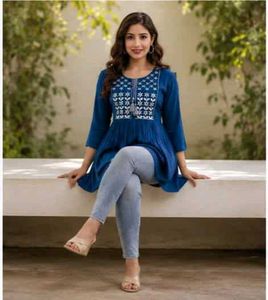 Stylish Blue Embroidered Kurti Top-All size Availa