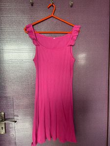 Vibrant Pink Ribbed Ruffle Dress