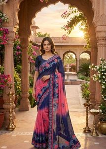 Embroidered Georgette Saree - Pink &amp; Navy