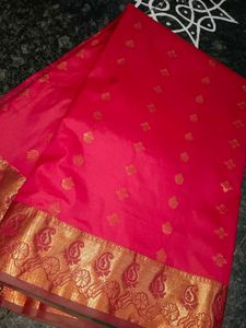 Vibrant Red Saree with Gold Border