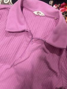 Pink Ribbed Zip Polo Top