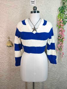 Blue & White Striped Cropped Sweater