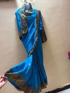 Vibrant Blue Embroidered Saree