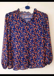 Chic Blue Floral Ruffle Neck Blouse