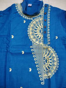 Men's Blue Kurta (Punjabi) with Golden Embroidery