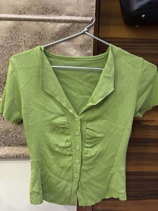 Lime Green Ruched Button-Up Top