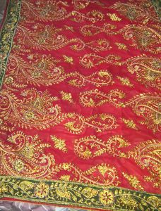 Embellished Red Saree with Green Border
