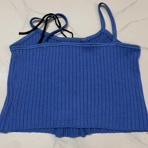 Blue Ribbed Lace-Up Crop Top