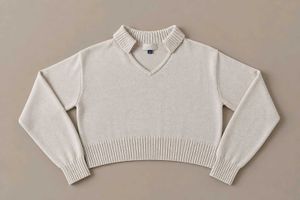 IVORY COLLARED V-NECK CROPPED KNIT SWEATER