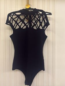 Sleek Black Bodysuit with Lattice Detail