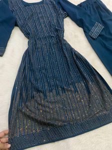 Teal Blue Rhinestone Work Kurti &amp; Parallel Trouser