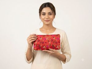 Red Silk Floral Hand-Embroidered Festive Clutch!
