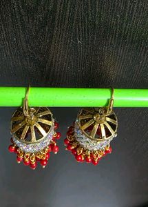 Designer Jhumka Earrings with Red Beads