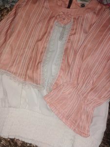 Peach Striped Lace Trim Top