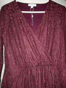 Wine Color Long Sleeves Short Dress For Women
