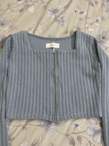 Blue Ribbed Zip-Up Cropped Top