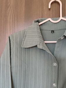 Ribbed Collared Button-Up Top
