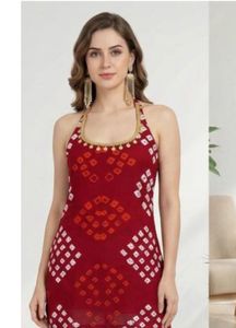 Stylish Red Bandhani Print Halter Neck kurti