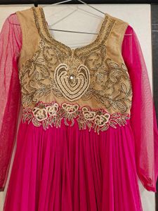 Elegant Pink &amp; Gold Anarkali Gown