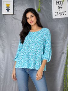 Blue & White Patterned Long Sleeve Top