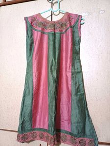 Peach-Olive Colour Silk Boat Neck Kurti